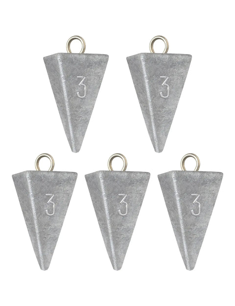 Pyramid Lead Fishing Sinkers For Saltwater 3oz Each 5 Pack Beefy Pyramid Weights For Long Casts And Quick Sinking Ideal For Sandy Or Muddy Bottoms And Strong Currents, showing five metal weights with hooks.