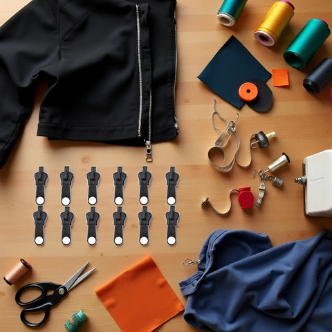 12 Piece Universal Zipper Repair Kit With Stainless Steel Sliders And Pullers For Jackets Bags Backpacks And Outdoor Gear Durable Quick Install Zipper Fasteners In Black shown with sewing tools and materials.