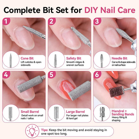 Complete bit set for 35,000RPM Electric Nail Drill For Gel Nail Shaping And Removal, featuring different nail care tips.