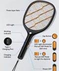 Electric Fly Swatter Zapper Racket 4000V Beast Mosquito Killer With LED Light, black and orange, USB-C, detailed features labeled.