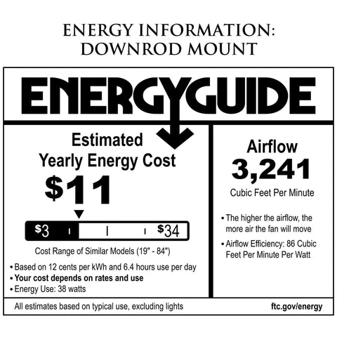 Energy guide label for Haven 52 Inch Bronze Ceiling Fan With LED Light And Pull Chain, 3241 CFM airflow efficiency