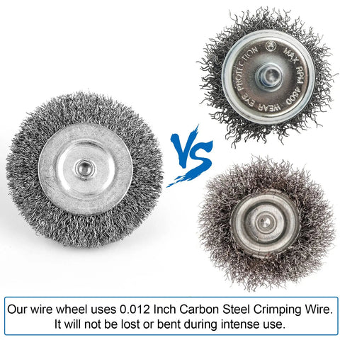 Three wire brush wheels from a 5 Piece Drill Wire Brush Set For Rust Removal And Surface Stripping With 0.012 Inch Carbon Steel Wire.