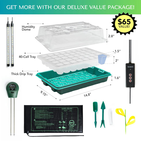 Components of All In One Seed Starting Kit With Grow Lights And Heat Mat For No Fuss Indoor Gardening displayed