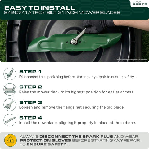 21 Inch Mulching Mower Blades Replacement Set Spare 2 Pack For Troy Bilt Mowers Replaces 942 0741A And Similar OEM Parts Heavy Duty Steel Easy Install For A Smooth Clean Cut installed on mower deck