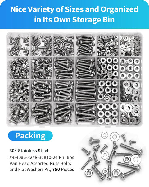 All In One 750 Piece Nuts And Bolts Hardware Kit With Stainless Steel Pan Head Phillips Screws, Washers And Nuts In Common Sizes 4-40 6-32 8-32 10-24 In Various Lengths From 1/4 Inch To 1 Inch