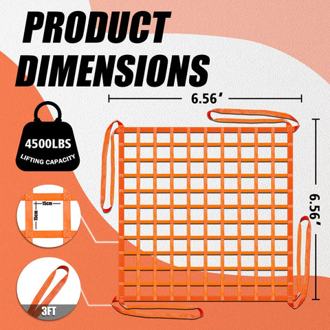YATOINTO cargo lifting net, 6.56x6.56 ft, orange nylon grid, 15 cm square holes, 3 ft straps, 4500 lb capacity
