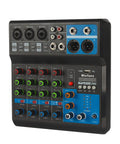 Front view of Mini 5 Channel DJ Mixer With Bluetooth USB MP3 Stereo 48V Phantom Power Live DJ Studio Streaming Console with controls.