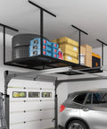 Overhead Garage Storage Rack 4x8 Ceiling Mount Beefy Heavy Duty Metal Rack With 750 Lbs Capacity Adjustable Organization System Black Classic Series, loaded with boxes and tires in a garage setting.