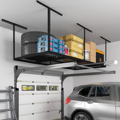Overhead Garage Storage Rack 4x8 Ceiling Mount Beefy Heavy Duty Metal Rack With 750 Lbs Capacity Adjustable Organization System Black Classic Series, loaded with boxes and tires in a garage setting.