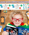 Child exploring Space Science Circuit Kit For Kids, 31 Piece Electronics STEM Set With More Than 100 Projects, Rocket Launcher And Light Up Astronaut, Educational Toy Gift For Boys And Girls Ages Six And Up, with book and models