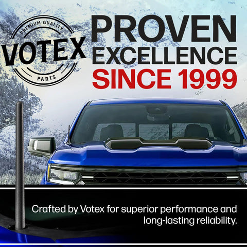 Front view of blue Chevy Silverado with Shorty Antenna For Chevy Silverado And GMC Sierra 1500 2500 3500 With 7 Inch EPDM Rubber Mast