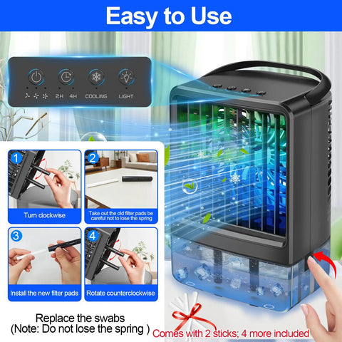Portable AC Fan 4 In 1 Personal Desktop Air Cooler With Humidifier And 7 Color LED Atmosphere Lights showing controls and instructions