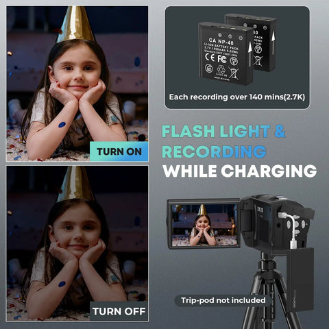 Legit Pro Qhd Camcorder Featuring 2.7K Video And 50 MP Photos 16X Digital Zoom Built In Led Fill Light for recording with child in party hat.