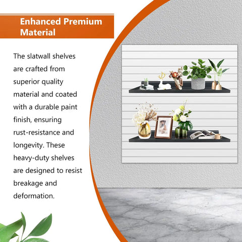 17x8 Inch Large Slatwall Shelves Set Of 2 Built To Last Heavy Duty Metal Slat Wall Display Shelves For Slat Wall Panels Flat Display For Retail Storage And Organization Black Finish, installed on wall with decor items