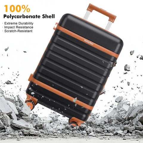 Lightweight 3 Piece Luggage Set With Spinner Wheels From Velaybor 20 Inch Carry On Luggage in black with brown accents