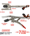 The Top Shelf Game Changer Fire Sprinkler Shutoff Multi Tool Stops Accidental Water Damage And Yanks FDC Caps Quick For Upright Pendant Sidewall And Recessed Heads In Buildings, showing 7 tools including FDC cap wrench and fire sprinkler shutoff.