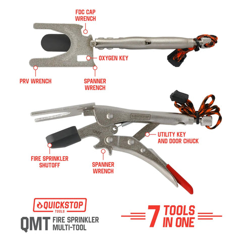 The Top Shelf Game Changer Fire Sprinkler Shutoff Multi Tool Stops Accidental Water Damage And Yanks FDC Caps Quick For Upright Pendant Sidewall And Recessed Heads In Buildings, showing 7 tools including FDC cap wrench and fire sprinkler shutoff.