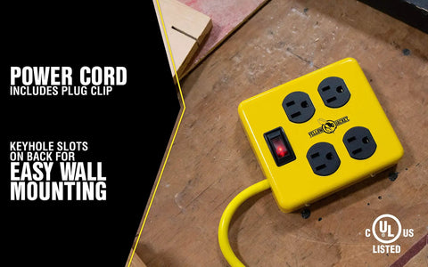 Heavy Duty Metal Power Block With Four Grounded Outlets, Lighted Switch, Four Foot Yellow Cord, 14 Gauge, 15 Amp Circuit Breaker