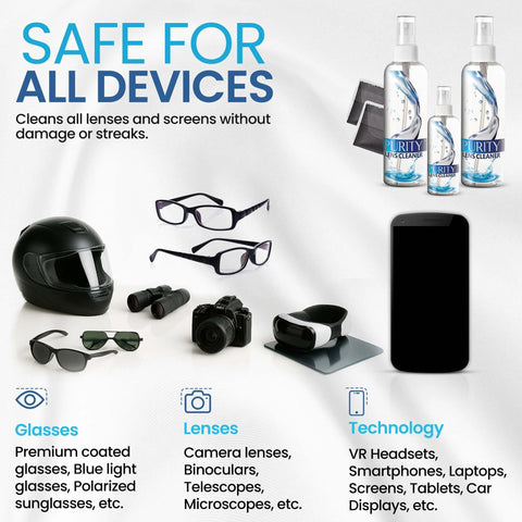 Eyeglass Lens Cleaner Kit With 2x8oz Bottles And 1x2oz Bottle Microfiber Cloths for glasses, camera lenses, and devices.