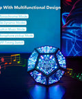 Dodecahedron RGBW Gaming Light With Infinity Mirror Effect on desk, emitting blue light with app features displayed above
