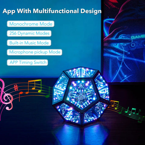 Dodecahedron RGBW Gaming Light With Infinity Mirror Effect on desk, emitting blue light with app features displayed above