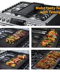 Heavy Duty Reversible Cast Iron Griddle Replacement Plate For Gas Stoves on stove with cooked vegetables and meats