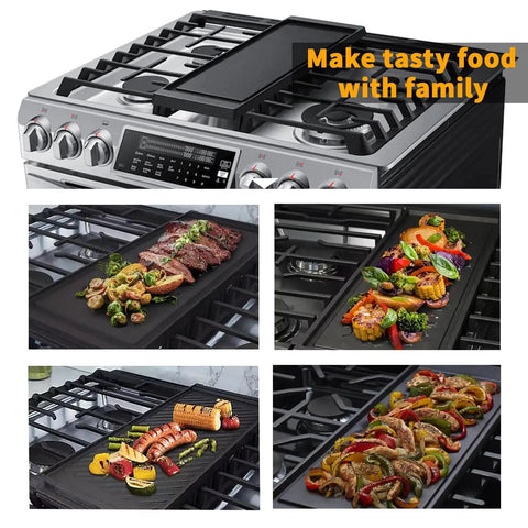 Heavy Duty Reversible Cast Iron Griddle Replacement Plate For Gas Stoves on stove with cooked vegetables and meats