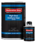 Front view of Restoration Shop high-gloss urethane clear coat, 1-quart can with blue label and 1/2-pint hardener bottle