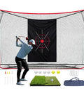 Person practicing swing in front of 10x7ft Golf Net With Target Cloth And Dual Turf Mats, Includes 6 Balls, 8 Tees, Carry Bag For Indoor Outdoor Practice, Backyard Hitting Net For Swing Training And Realistic Shot Practice.
