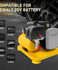 Hassle Free Cordless Air Compressor Pump Throwing Down A Solid 116 Psi, Silent Operation At Sixty Five Decibels on sturdy base with DeWalt battery compatibility.