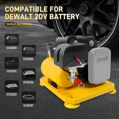 Hassle Free Cordless Air Compressor Pump Throwing Down A Solid 116 Psi, Silent Operation At Sixty Five Decibels on sturdy base with DeWalt battery compatibility.