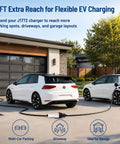 Hella Reliable Heavy Duty EV Charger Extension Cable 17 Foot 50 Amp J1772 Cord For AC Home Charging SAE Certified in a driveway setting.