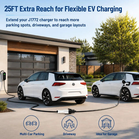 Hella Reliable Heavy Duty EV Charger Extension Cable 17 Foot 50 Amp J1772 Cord For AC Home Charging SAE Certified in a driveway setting.