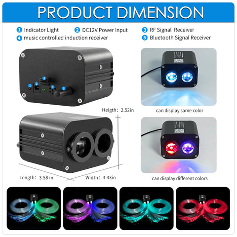 Product dimensions and features of Dual Color Twinkle Fiber Optic Star Headliner Kit For Cars with 600 Pcs, 9.8ft length strands.