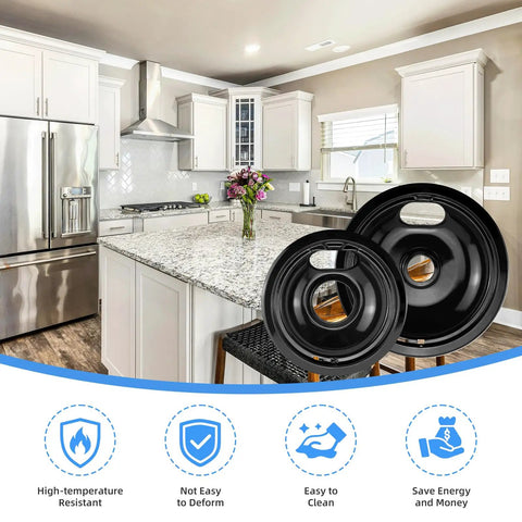Stovetop Drip Pans Kit Replacement for Electric Ranges, 8 inch and 6 inch black porcelain pans in modern kitchen setting.