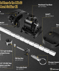 Included items in the MKA-60 electric trolling motor stabilizer kit shown with components like shaft, strap, and screws.