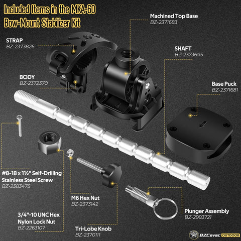 Included items in the MKA-60 electric trolling motor stabilizer kit shown with components like shaft, strap, and screws.