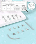 Hypoallergenic earrings set with different tops and two taper pins on a textured blue surface, showcasing Ni Release test pass
