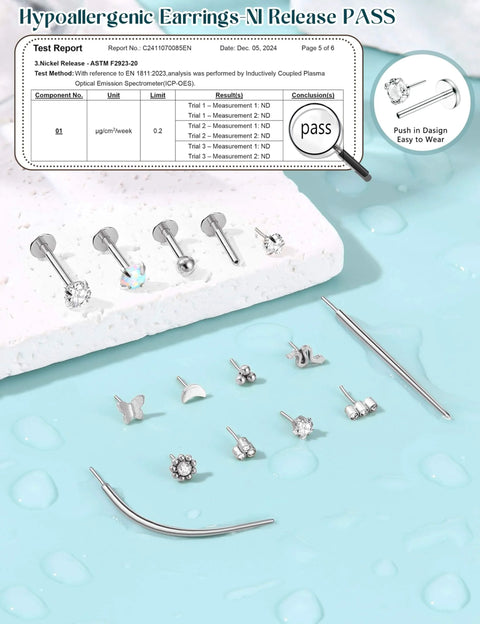 Hypoallergenic earrings set with different tops and two taper pins on a textured blue surface, showcasing Ni Release test pass