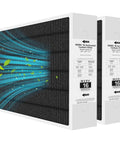 Two-pack of 20x25x5 MERV 16 air filters for HVAC systems, showing filtration process with arrows for cleaner indoor air.