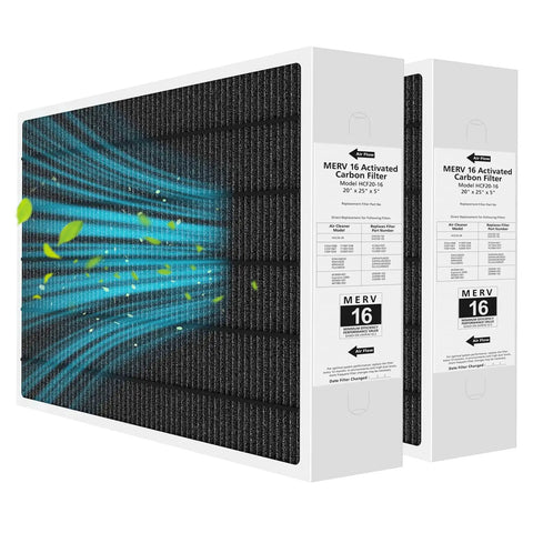Two-pack of 20x25x5 MERV 16 air filters for HVAC systems, showing filtration process with arrows for cleaner indoor air.