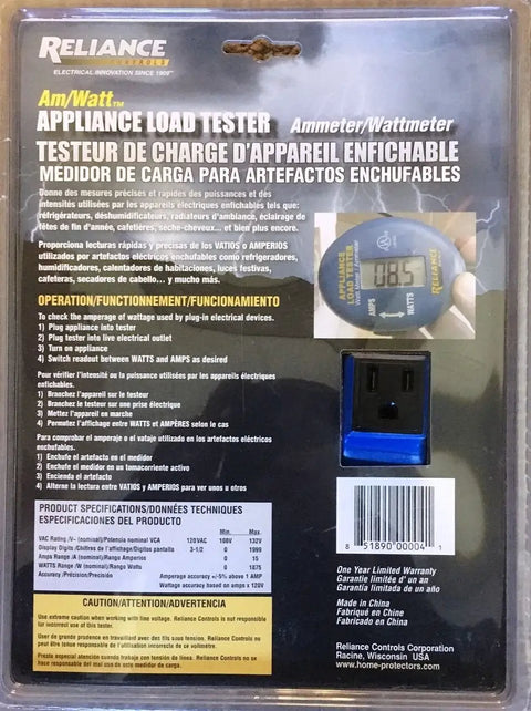 AmWatt Appliance Load Tester Plug With Digital Amp And Watt Readout, blue outlet tester in blister pack