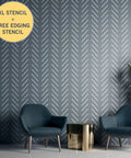 Extra Large Herringbone And Chevron Wall Stencil Set 16 By 40 Inches Includes Two Stencils For No Fuss Easy DIY Wall Art Painting Modern Geometric Pattern For Walls With Step By Step Instructions shown in modern living room with chairs.