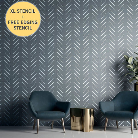 Extra Large Herringbone And Chevron Wall Stencil Set 16 By 40 Inches Includes Two Stencils For No Fuss Easy DIY Wall Art Painting Modern Geometric Pattern For Walls With Step By Step Instructions shown in modern living room with chairs.
