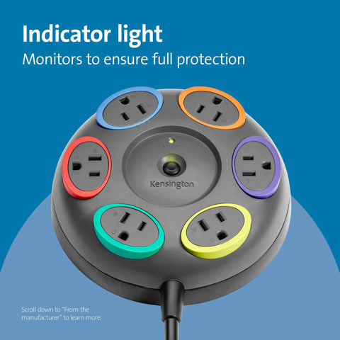 Top view of six outlet surge protector with color coded rings, featuring indicator light. Six Outlet Surge Protector With A 16 Foot Cord And 1500 Joules Of Tabletop Surge Protection, Color Coded Rings For Easy Cord Management, A No-Brainer Way To Outfit Desks, PCs, Monitors, And Home Setups.