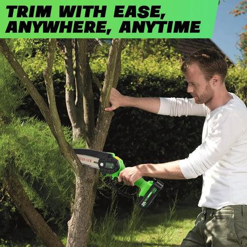 Man using Six Inch Cordless Mini Chainsaw with 2025 Upgraded Copper Motor for Fast Clean Cuts on tree branch