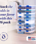 Super Sturdy Clear Under Bed Storage Bins With No Sweat Snap Lids 15.5 Quart Heavy Duty Plastic Organizers 16 Pack stacked in a closet.