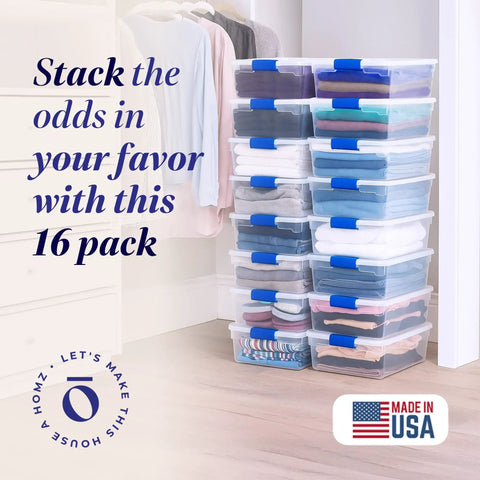 Super Sturdy Clear Under Bed Storage Bins With No Sweat Snap Lids 15.5 Quart Heavy Duty Plastic Organizers 16 Pack stacked in a closet.