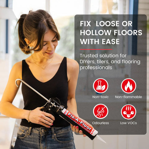 Person holding Fix-A-Floor Loose Tile Repair Adhesive with custom tip, 10.1 oz cartridge, for tile, porcelain, ceramic, marble, stone, wood floors.