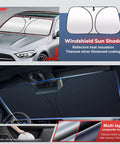 Windshield sun shade with reflective heat insulation; multi-layered coating for all weather hail protector car cover use in SUVs.
